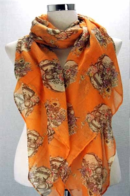Floral Skull Print Scarf-Orange